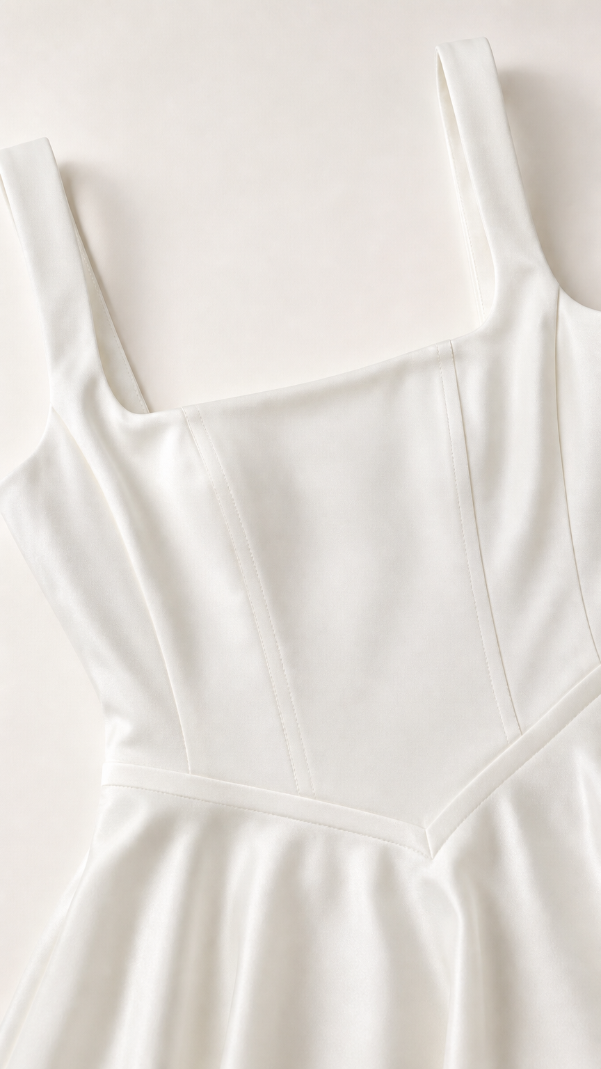 Close-up detail of white dress bodice and square neckline