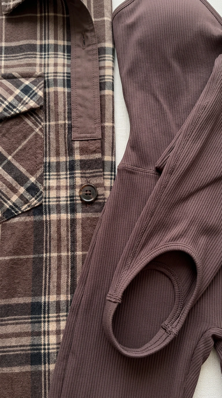 Close-up detail of plaid shirt woven fabric, button placket, and ribbed knit material