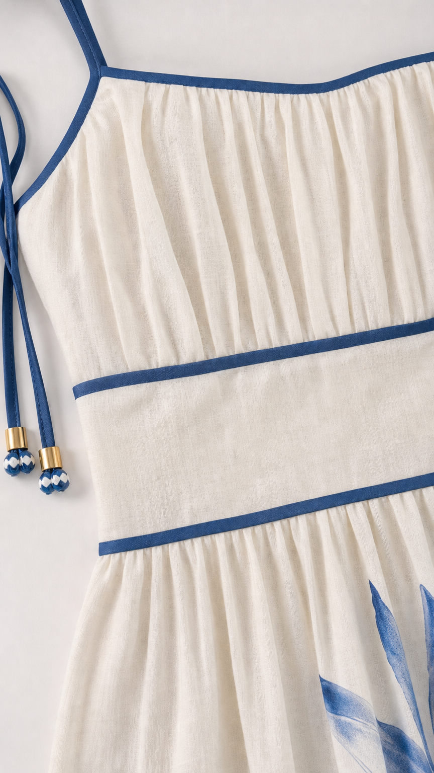 Close up of bodice gathering and contrast piping detail