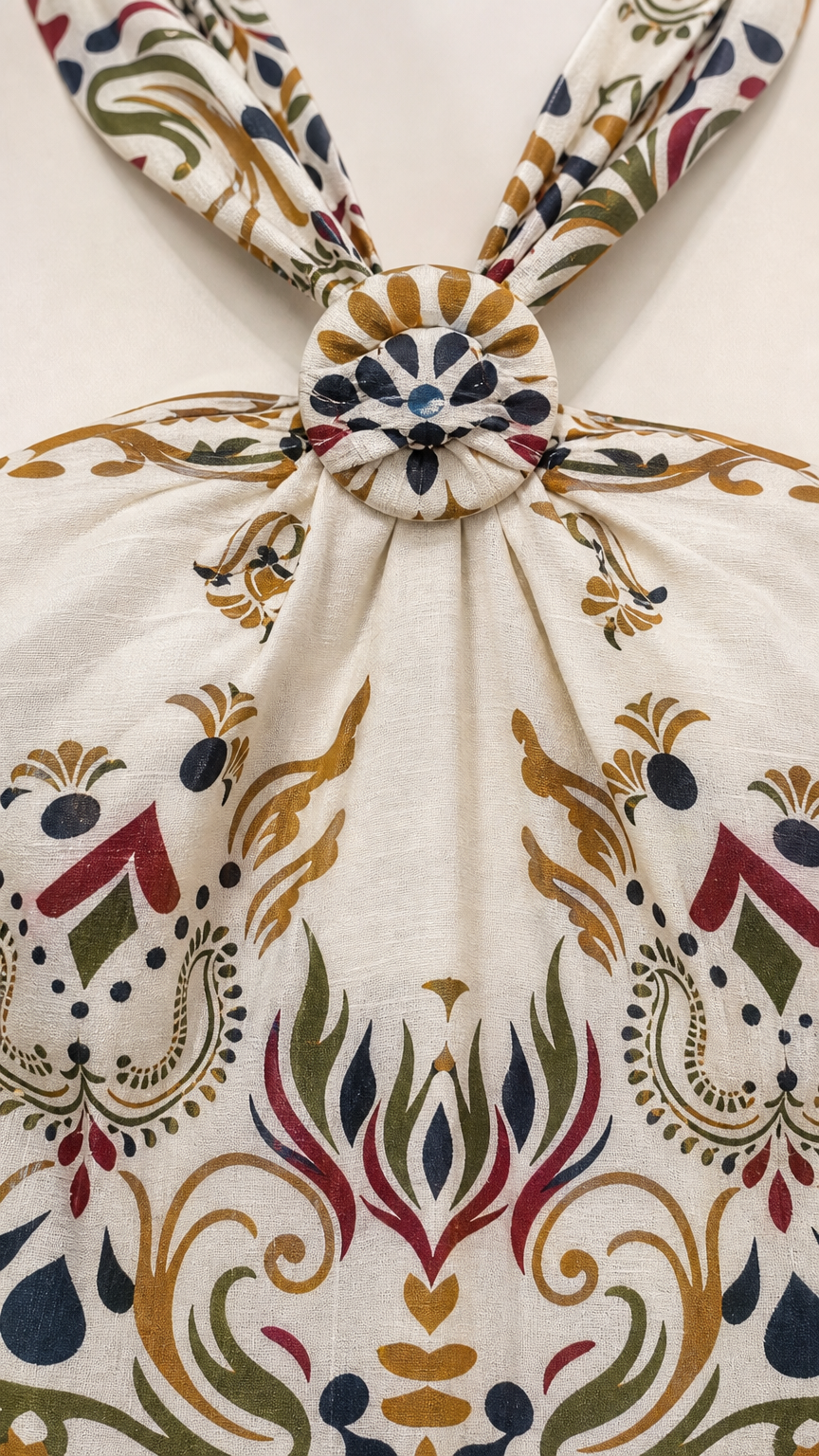 Close-up of the front knot detail on the cream halter top