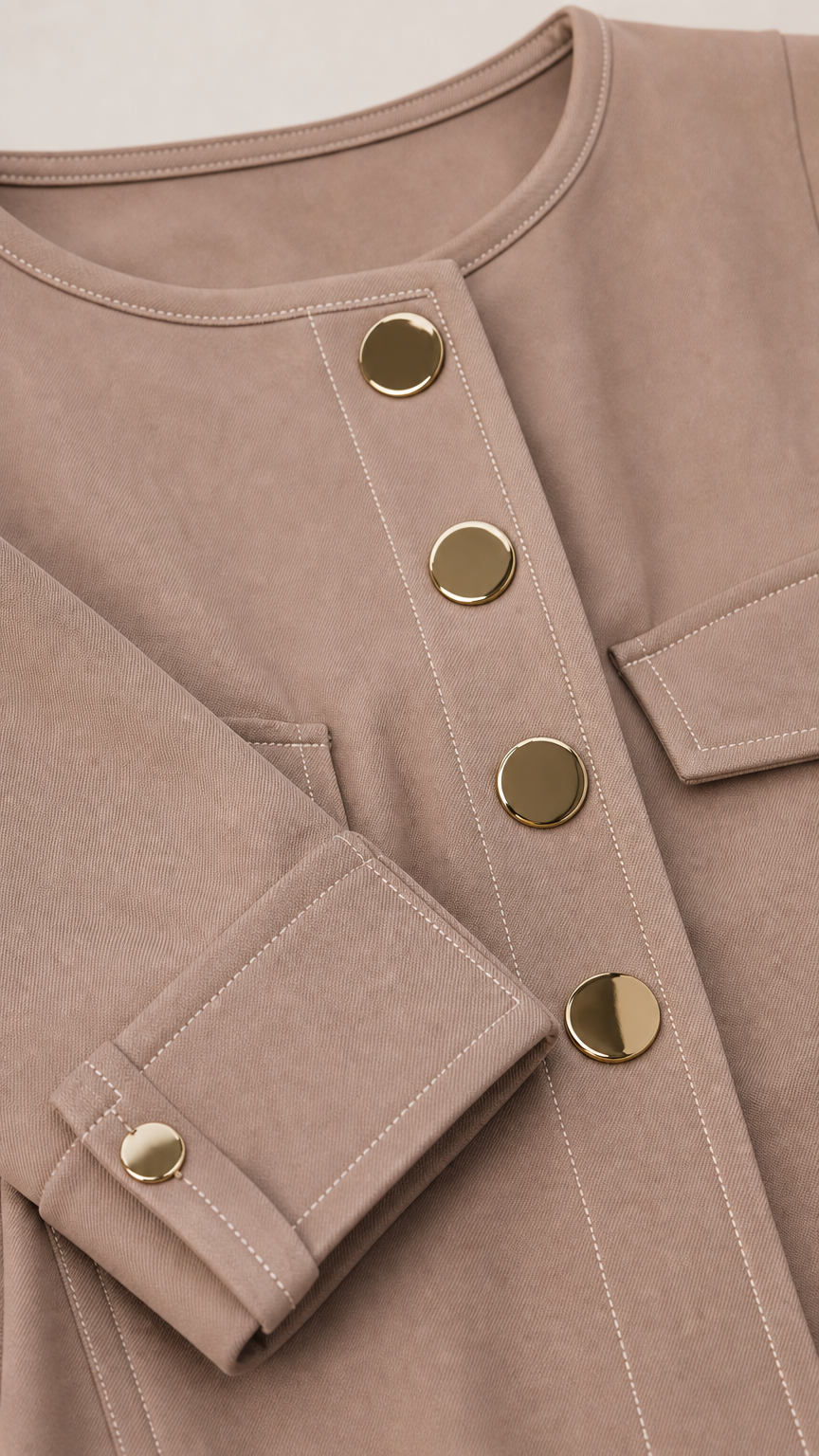 Close up of taupe jacket fabric, metallic buttons, round neckline, and cuff detailing
