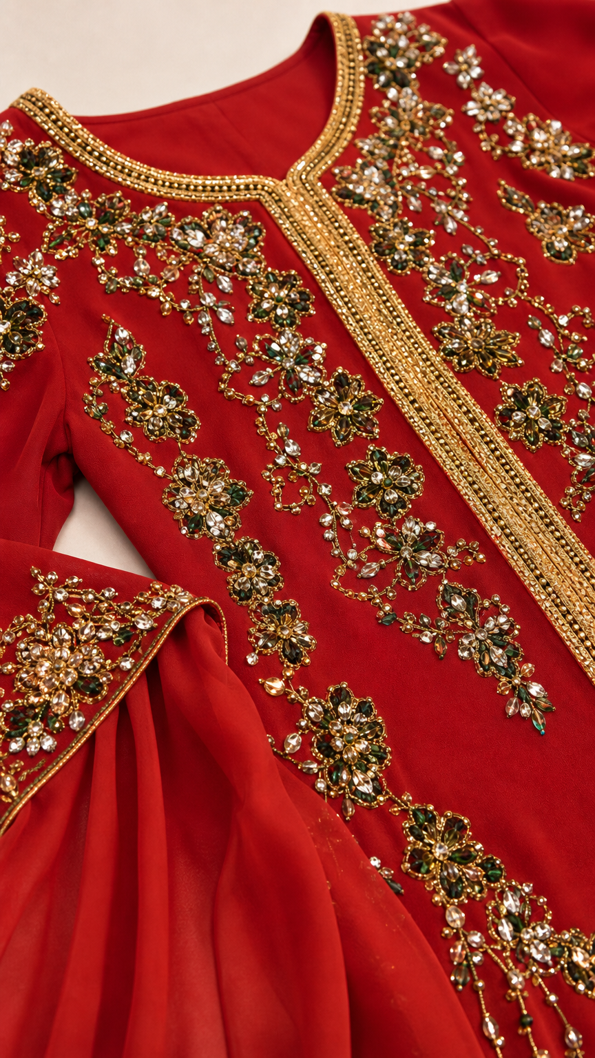 Close-up detail of the intricate gold beadwork and embroidery on the red kaftan bodice