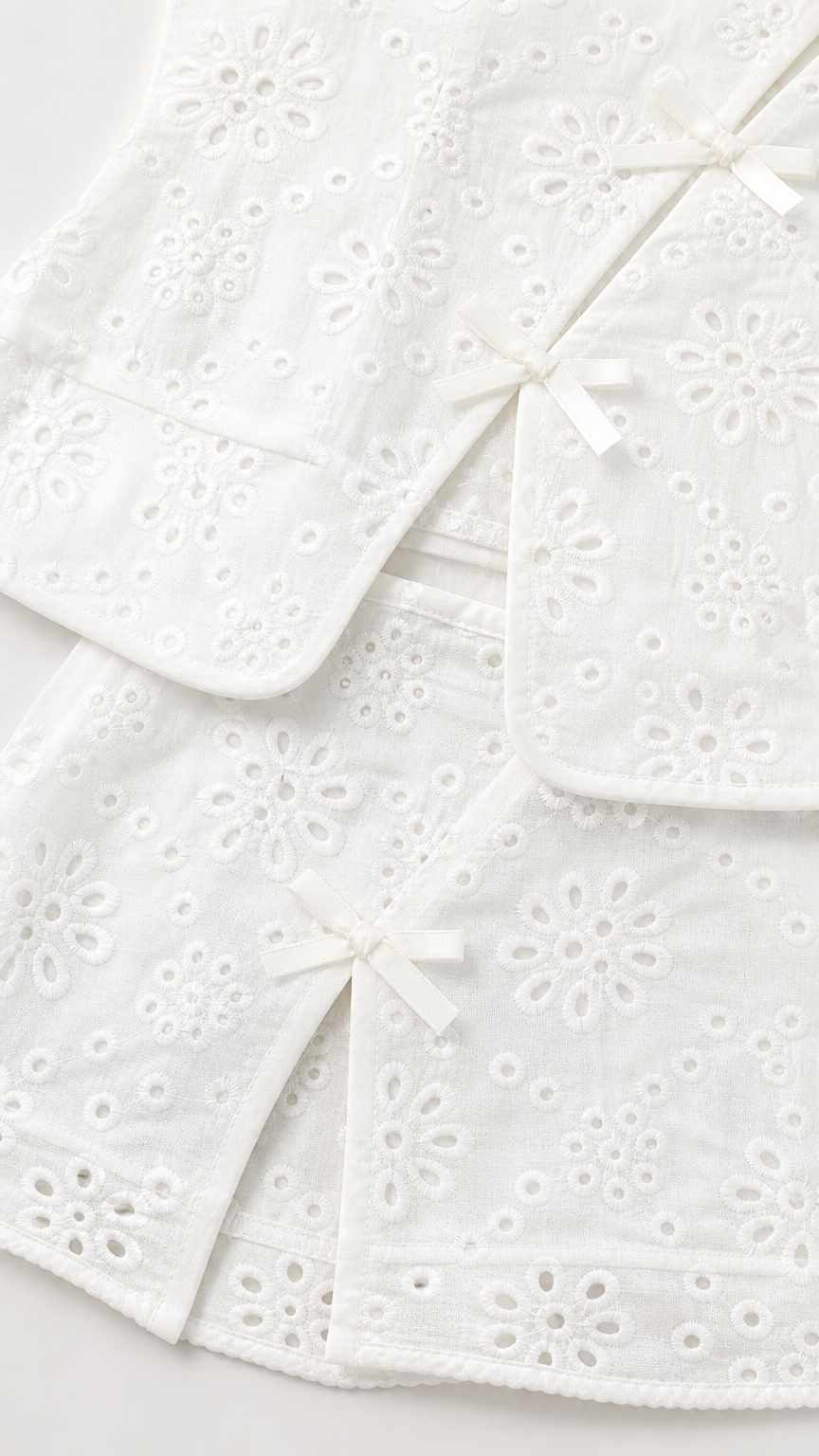 Close-up of white eyelet fabric and bow details