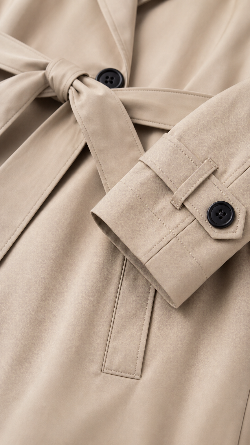 Close-up detail of beige trench jacket belt tie, cuff strap button, and welt pocket