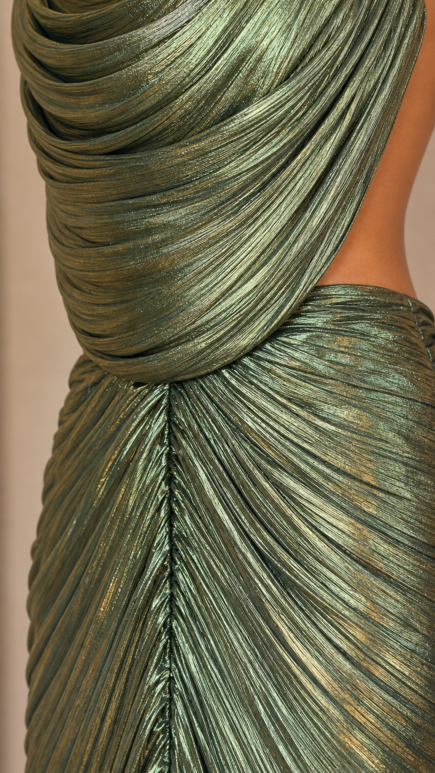 Close-up detail of metallic shimmer pleated draped fabric