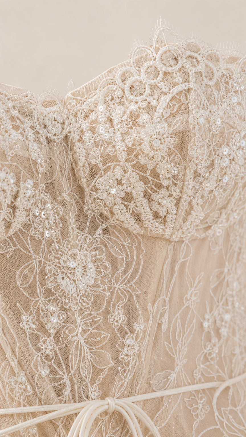 Close-up detail of sheer embroidered lace bodice with delicate sequin embellishments