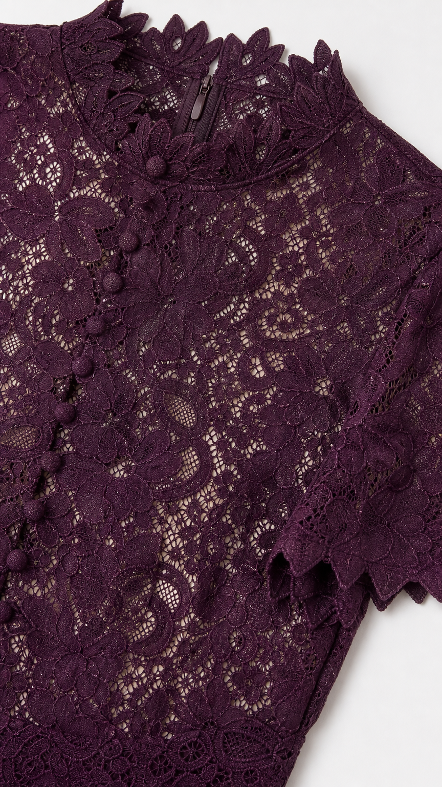 Close-up detail of Plum floral lace fabric, scalloped mock collar, and button placket