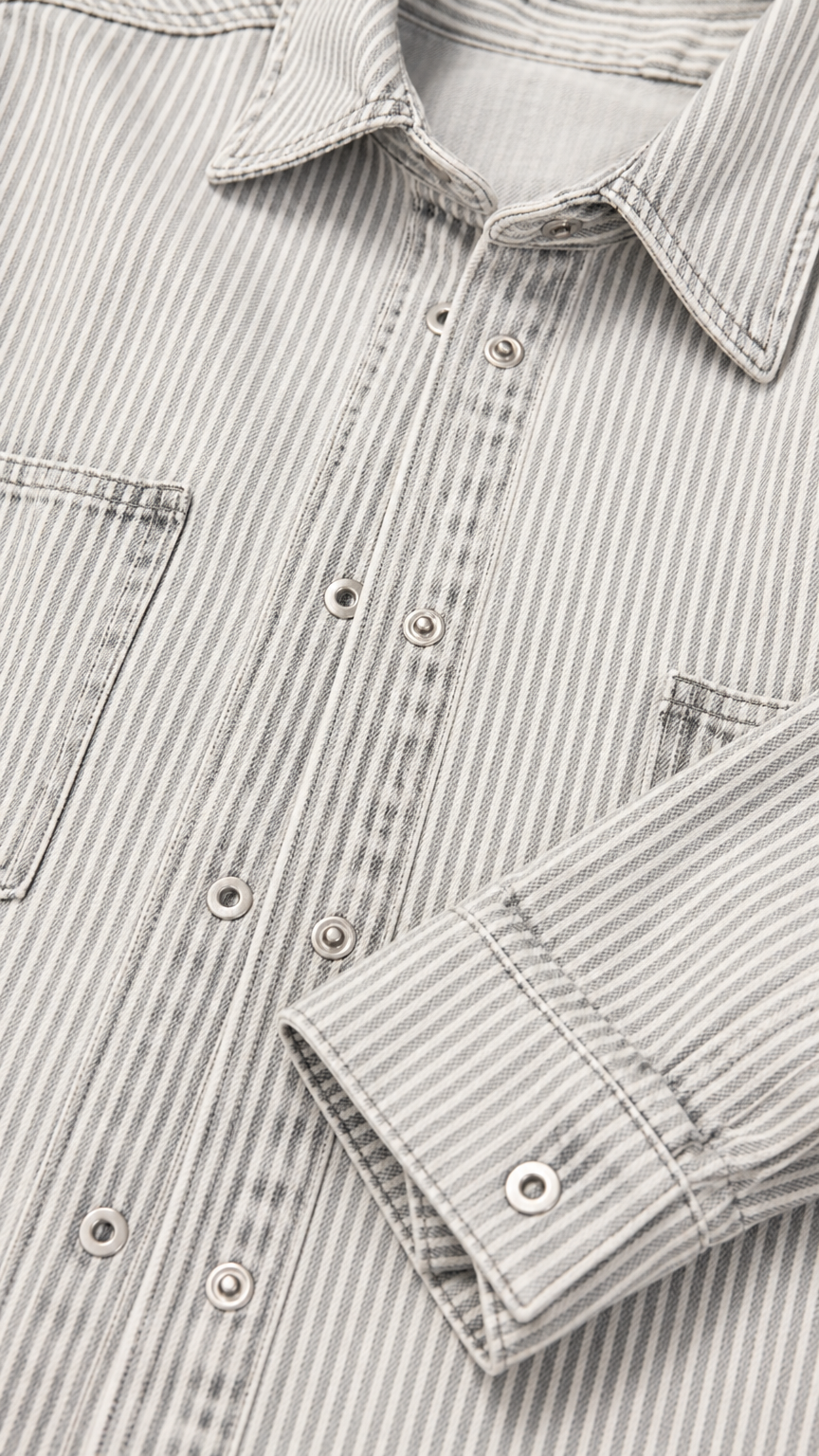 Close-up detail of striped denim fabric showing collar, snap buttons, and chest pocket