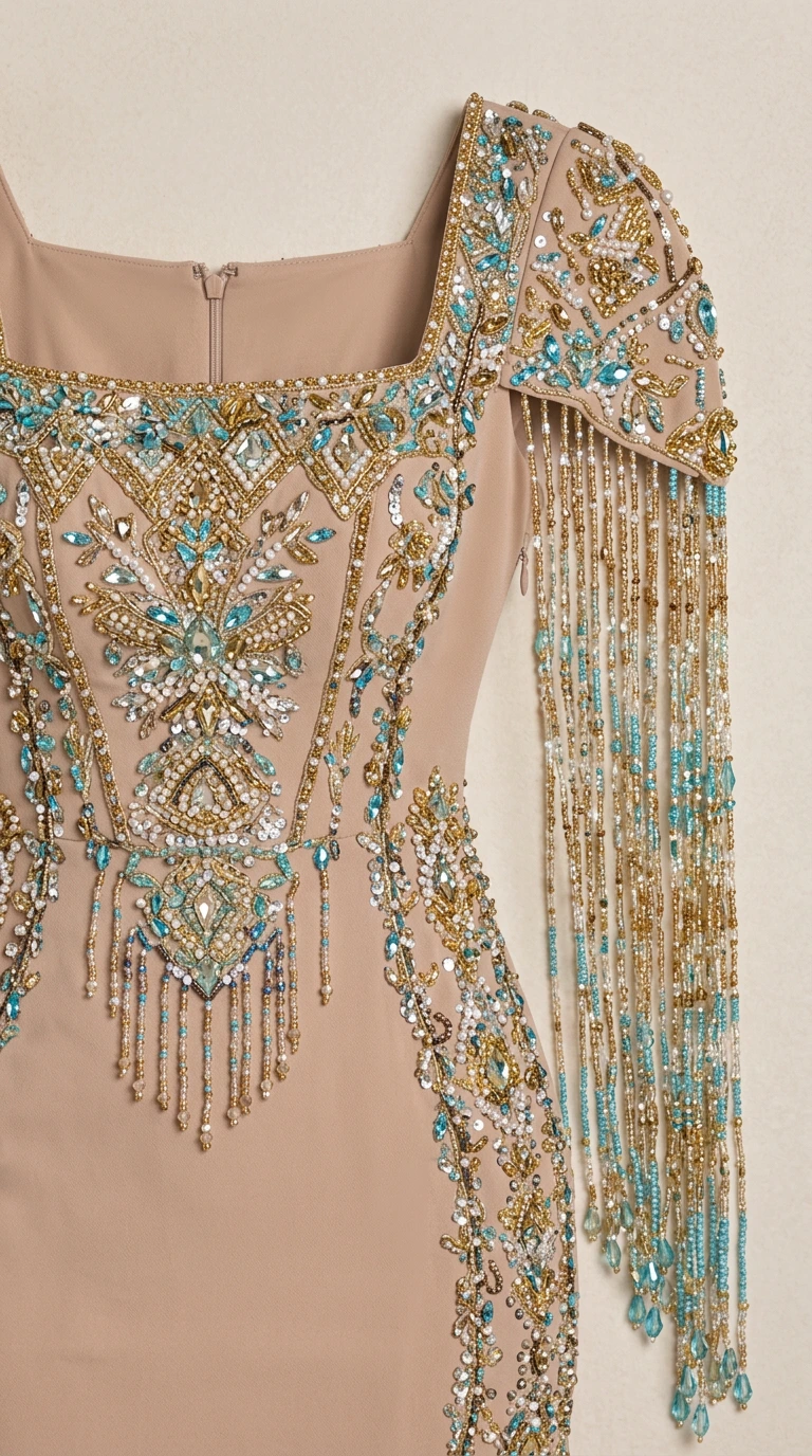 Close-up detail of intricate crystal beadwork and cascading beaded fringe on Nude bodice