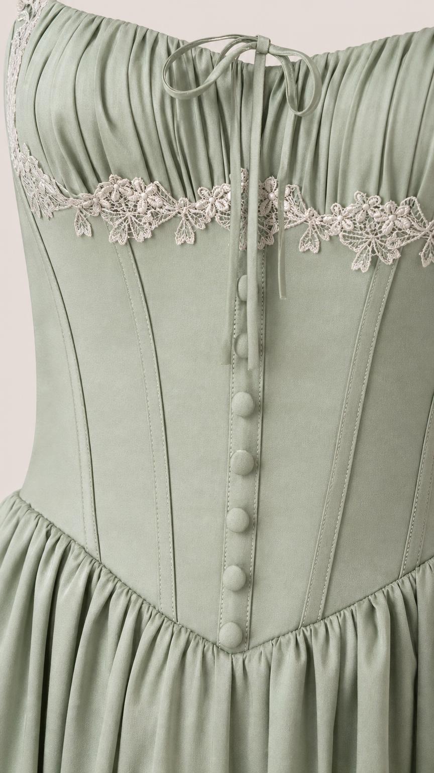 Close-up of bodice, buttons, and lace trim on Sage Green dress