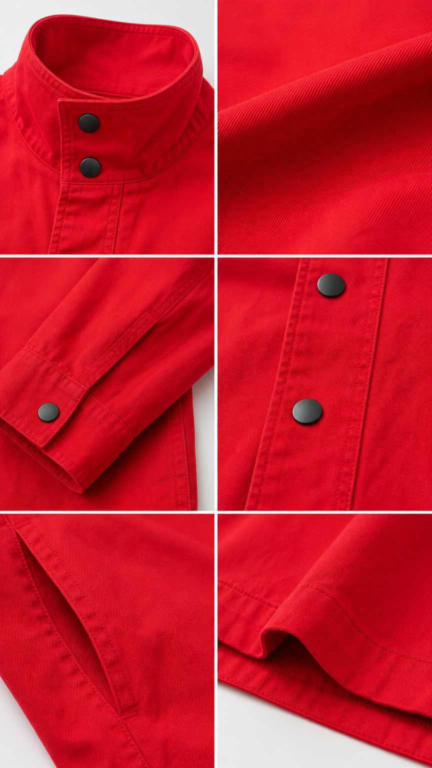 Detailed close-up of stand collar, snap buttons, twill fabric weave, and pocket construction