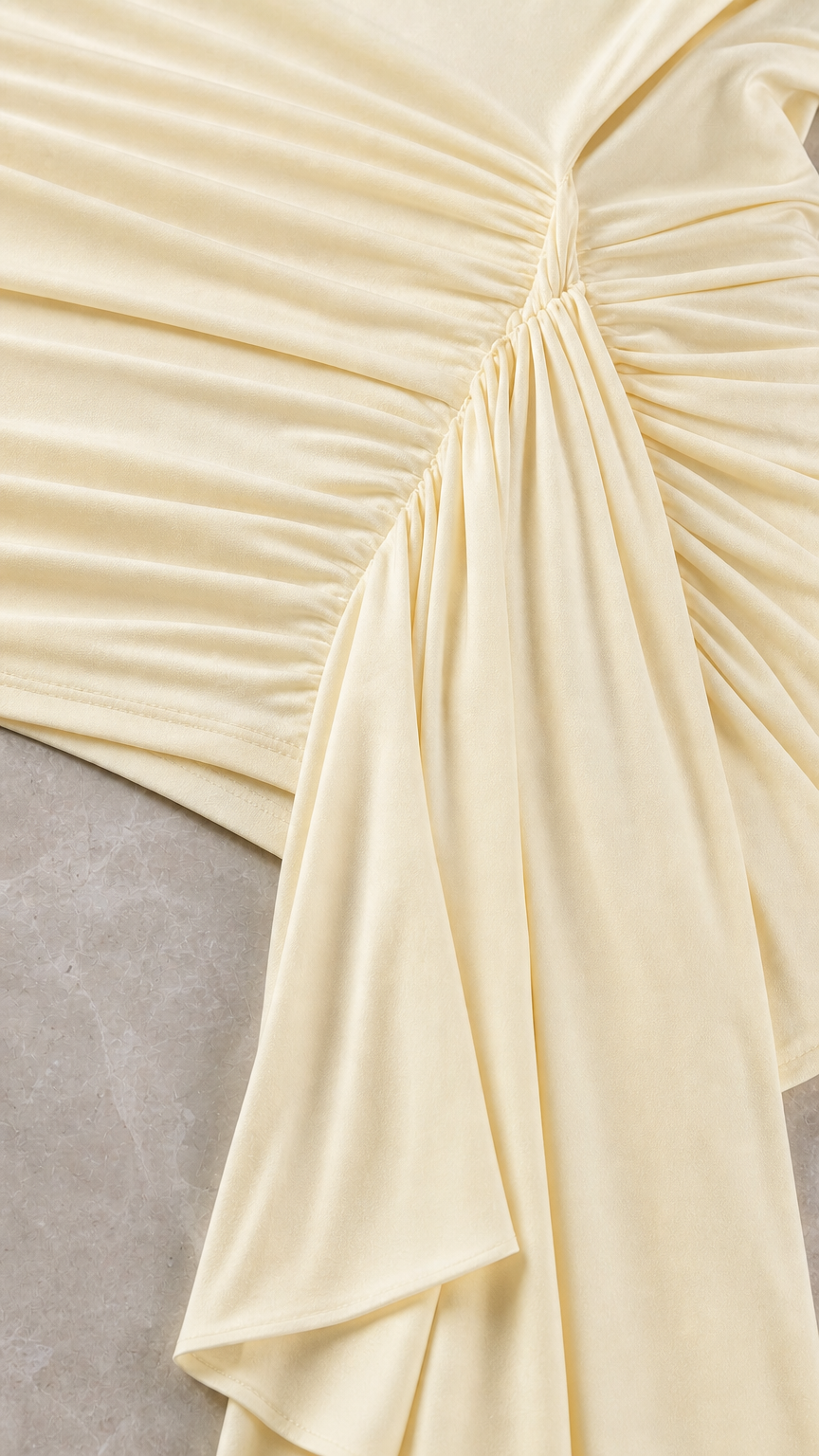 Close up of ruching and fabric detail on champagne dress