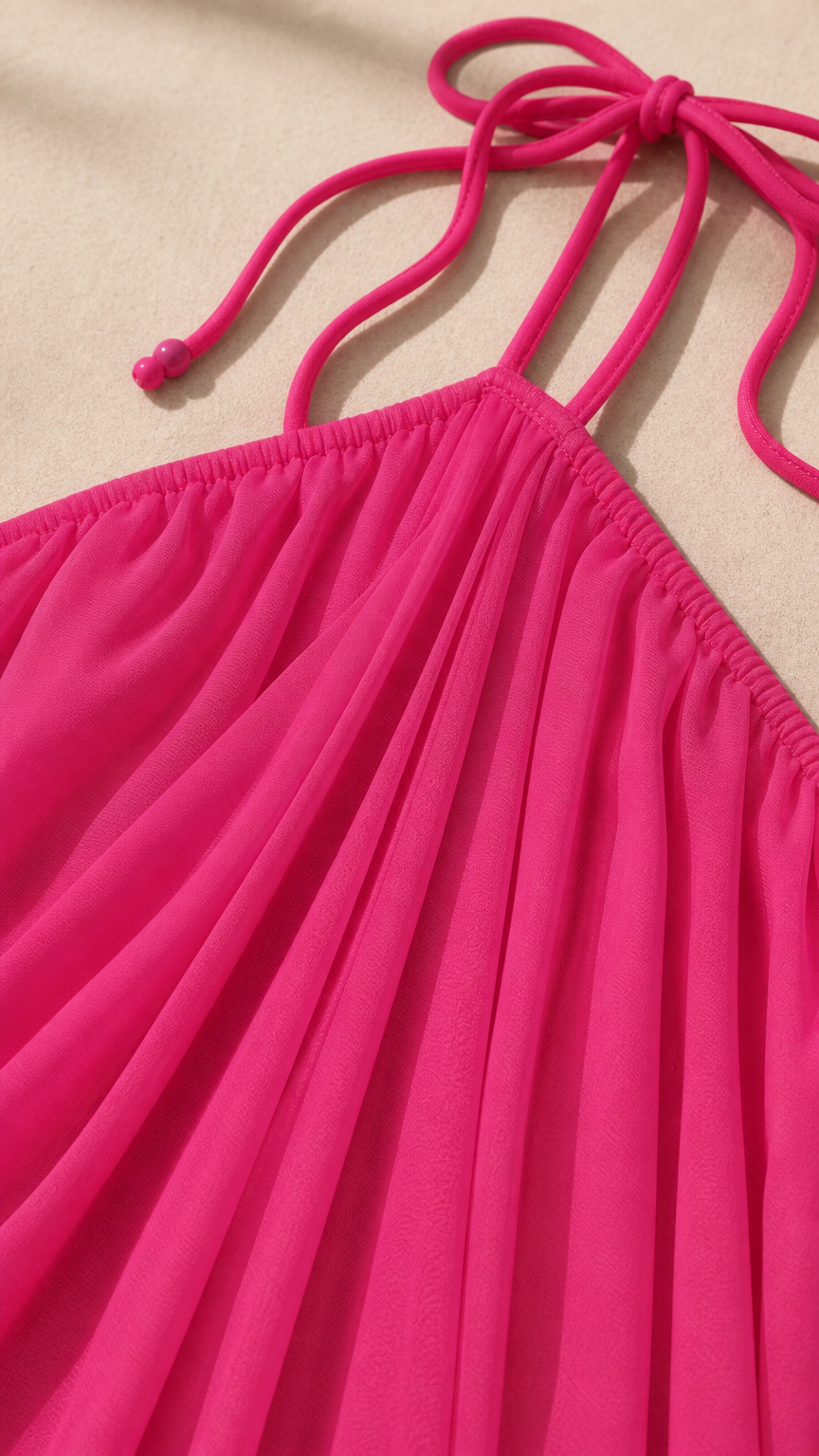 Close-up detail of the pink halter neckline and gathered fabric