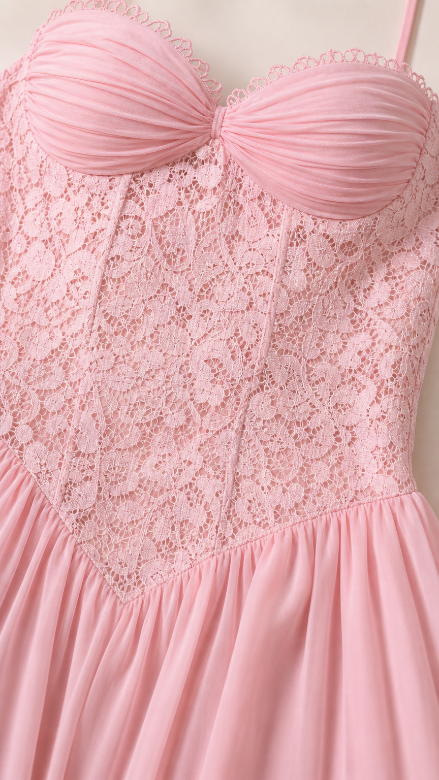 Close-up of pink lace corset bodice and sweetheart neckline