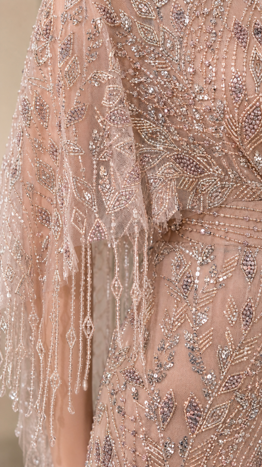 Close-up detail of sequin and bead pattern with fringe cape sleeve