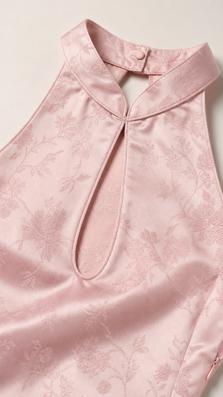 Close-up of halter neckline and floral jacquard texture