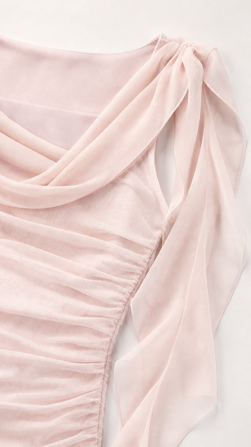 Close-up detail of draped cowl neckline and shoulder ruffles