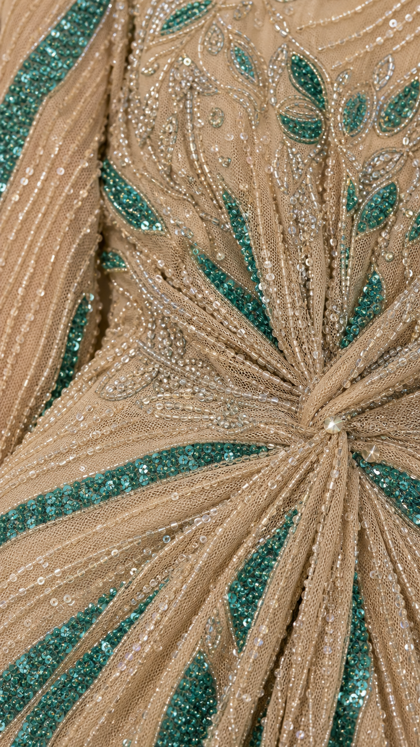Close-up detail of sequin and bead embellishments on champagne dress