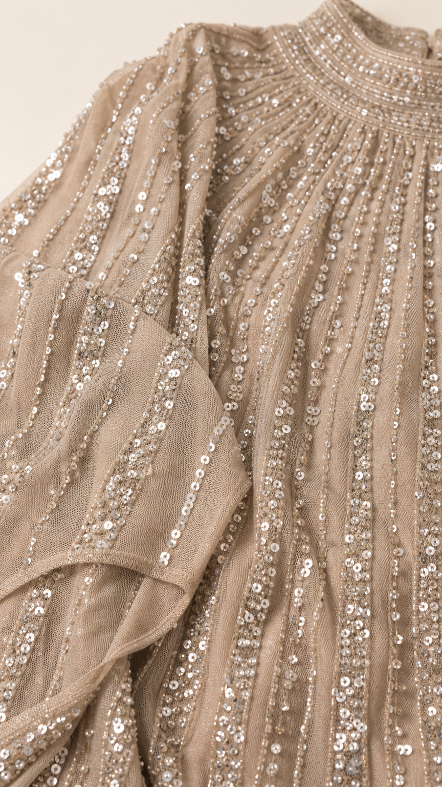 Close-up detail of champagne pleated mesh fabric with linear sequin stripes