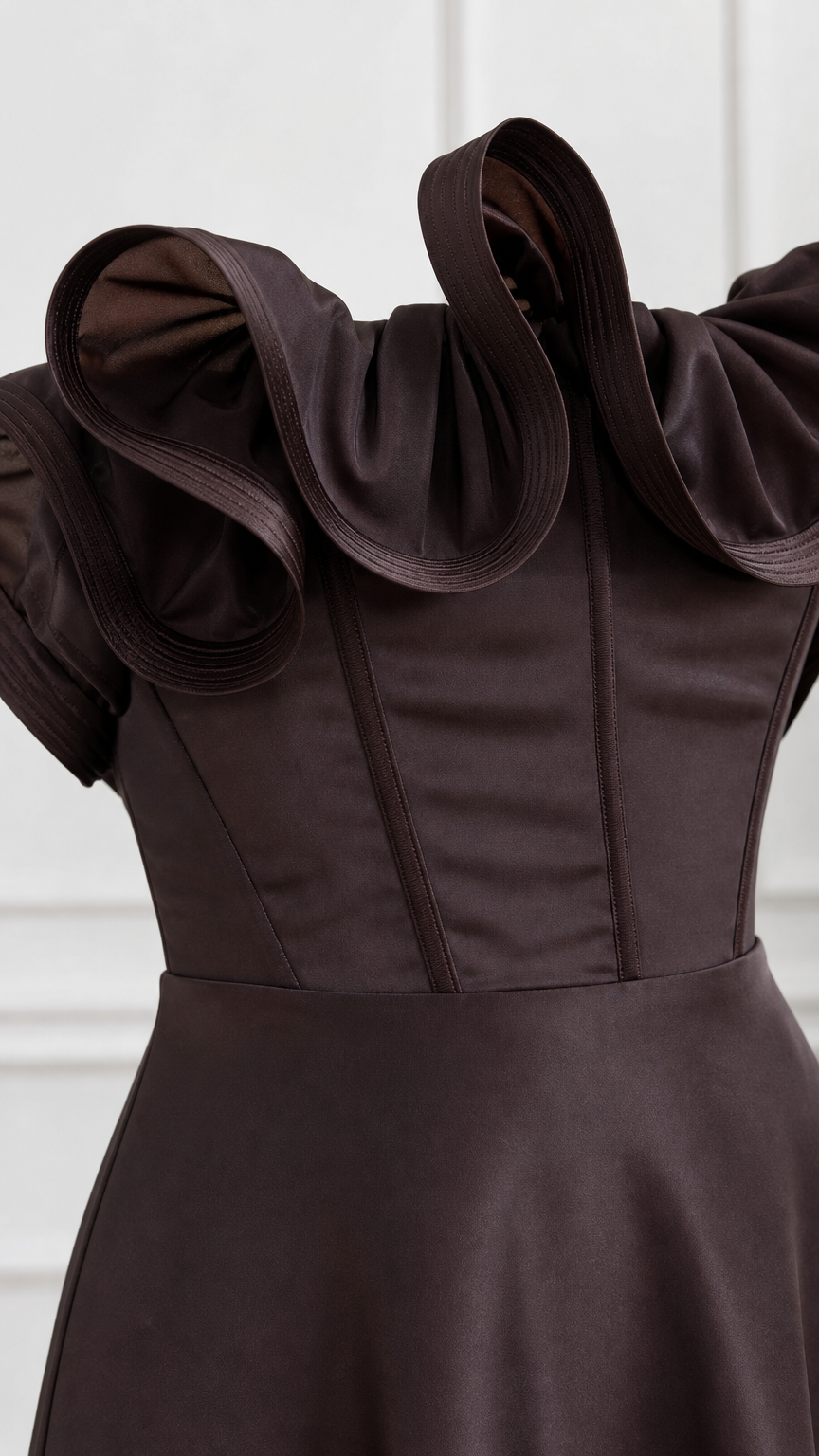 Close-up detail of structured bodice and sculptural ruffle neckline