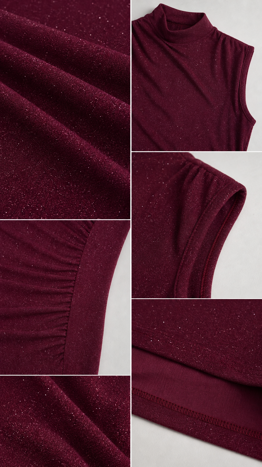 Close-up details of burgundy shimmer knit fabric and side ruching