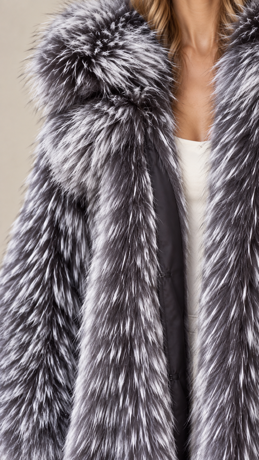 Close-up detail of silver grey tipped faux fur texture and smooth interior lining