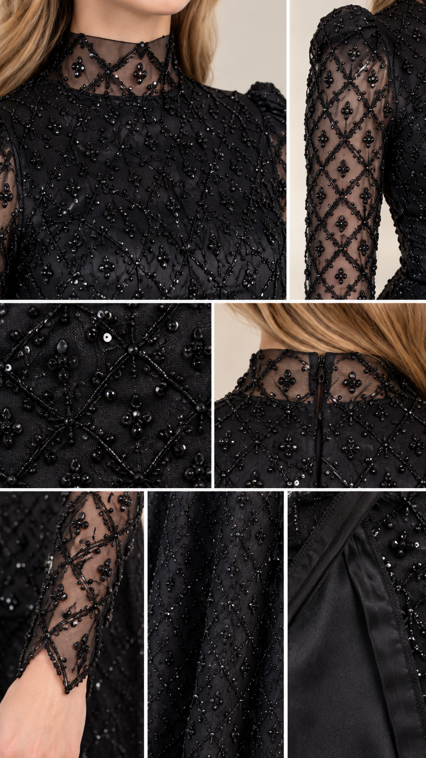 Close-up collage of intricate black beadwork, sheer neckline, and sequin lattice texture