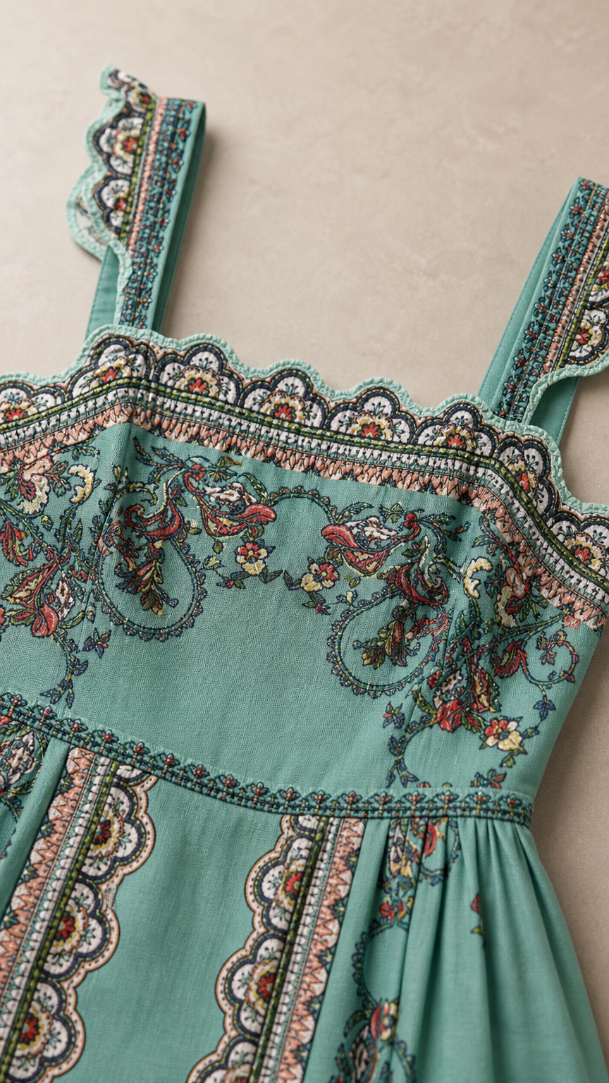 Close-up of scalloped straps and border print on teal dress