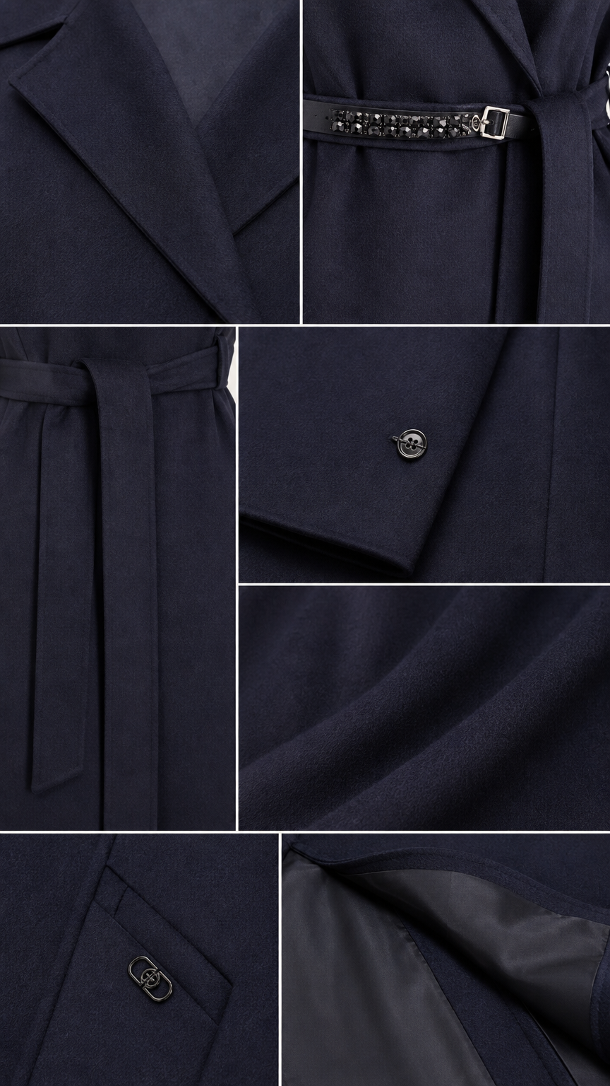 Close-up detail shots showing fabric texture, belt buckle, and cuff button