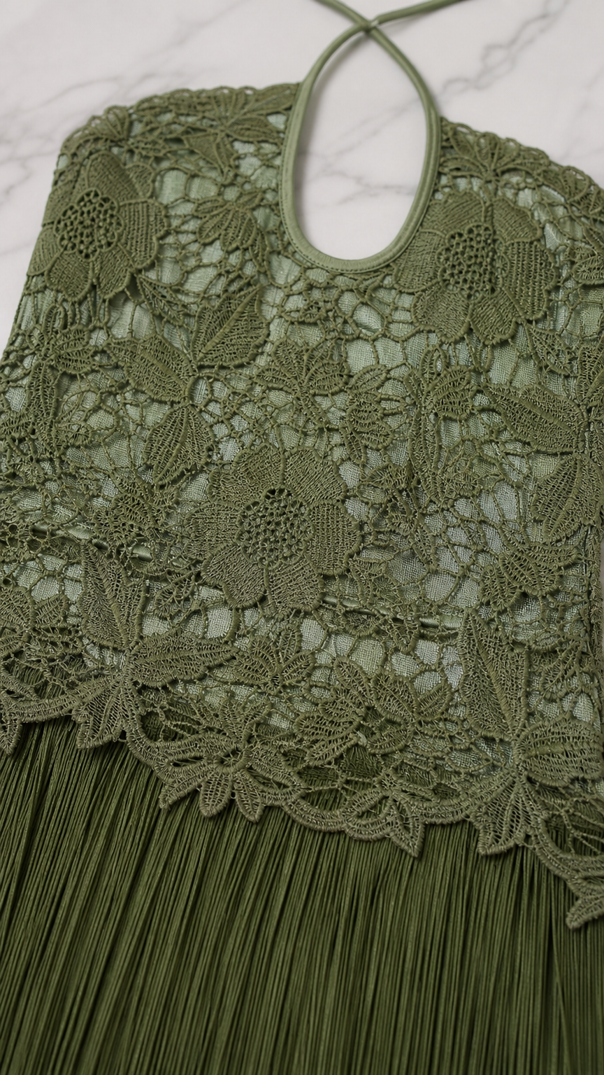 Close-up of lace bodice and halter neckline detail in Olive