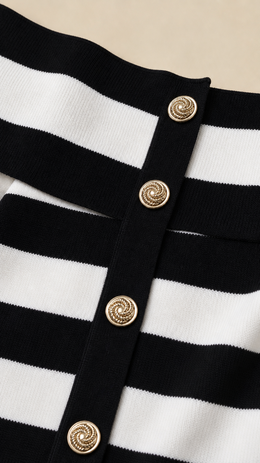 Close-up detail of gold-tone buttons on the striped knit dress