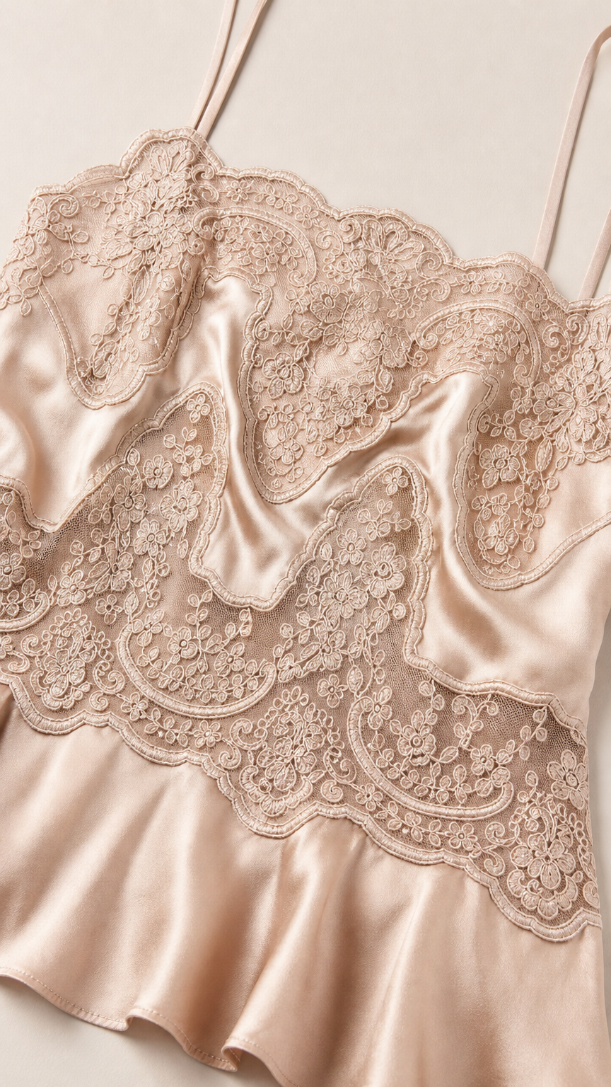 Close up of lace trim and satin texture on the camisole top