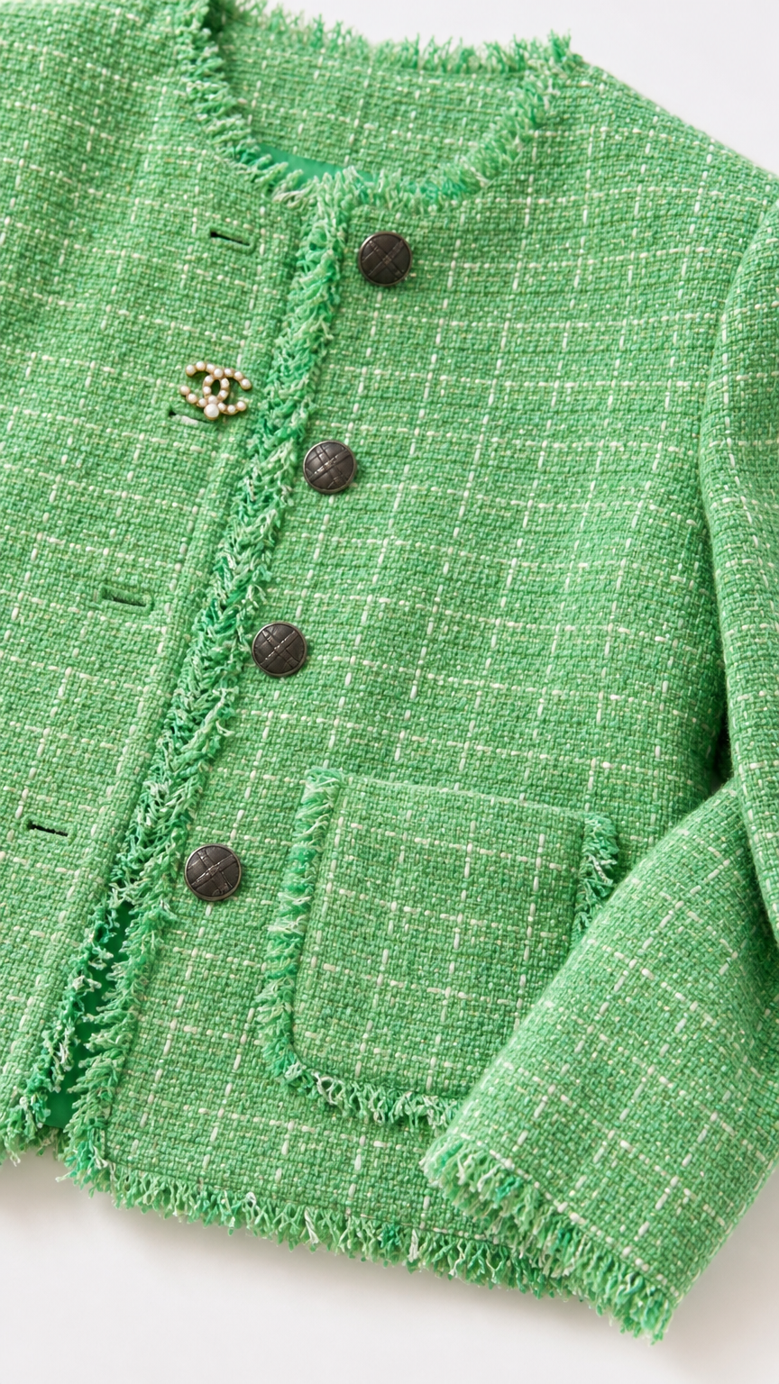 Close-up detail of green tweed fabric, fringe trim, and buttons