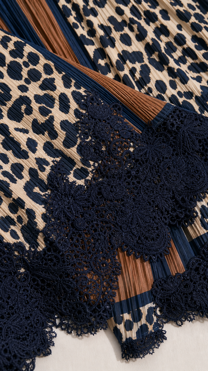 Close-up detail of accordion pleating, leopard pattern, and scalloped dark lace hem