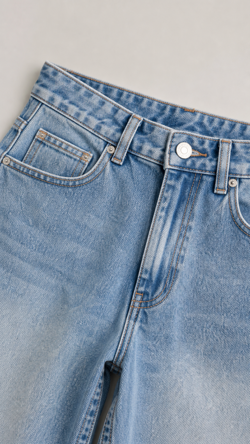 Close-up detail of Light Blue denim waistband, button closure, zip fly, and coin pocket