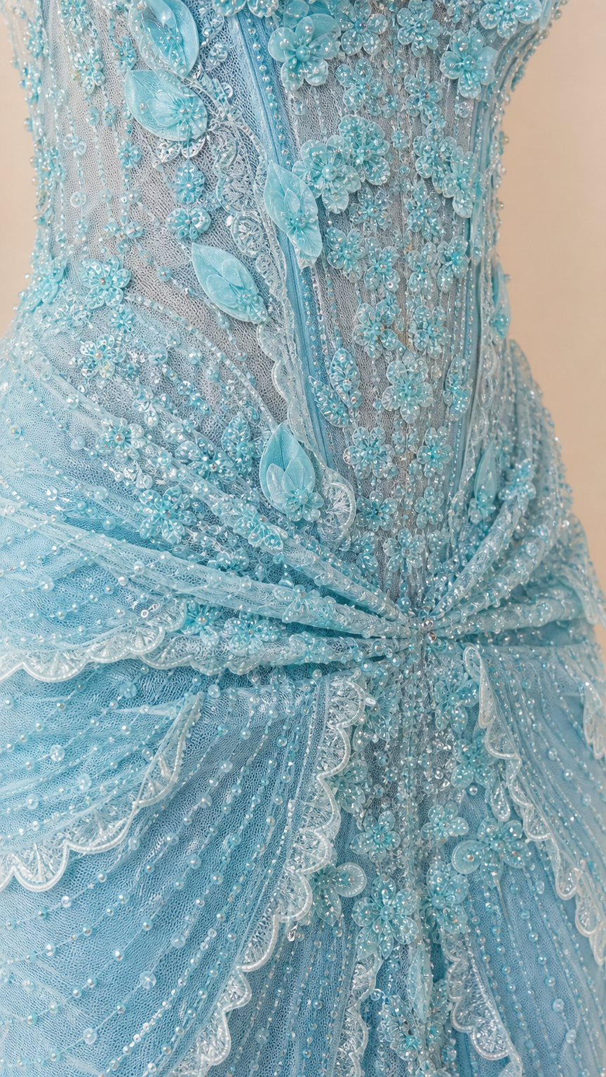 Close-up of 3D floral appliqués and beading texture