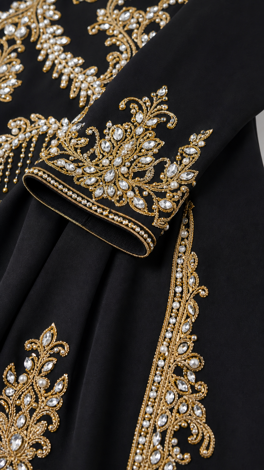 Close-up detail of metallic gold embroidery and beading on sleeve cuff
