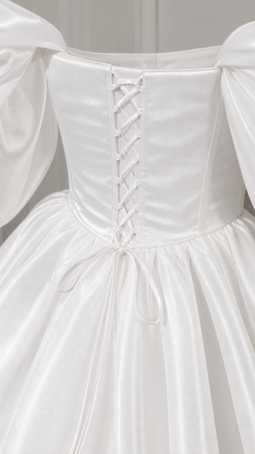 Close-up of lace-up corset back detail on white satin gown