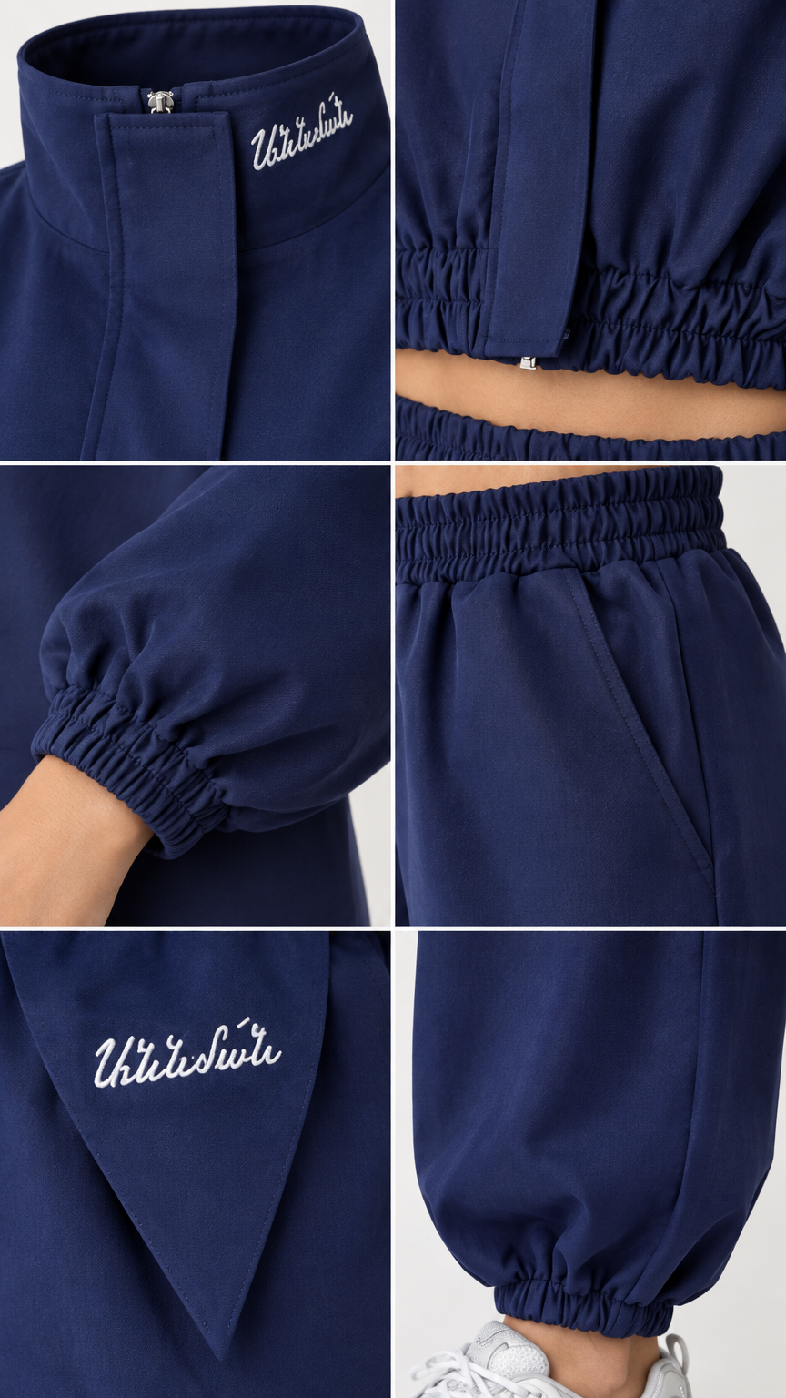 Close-up details of Navy Blue jacket collar embroidery, pocket flap, and elastic cuffs