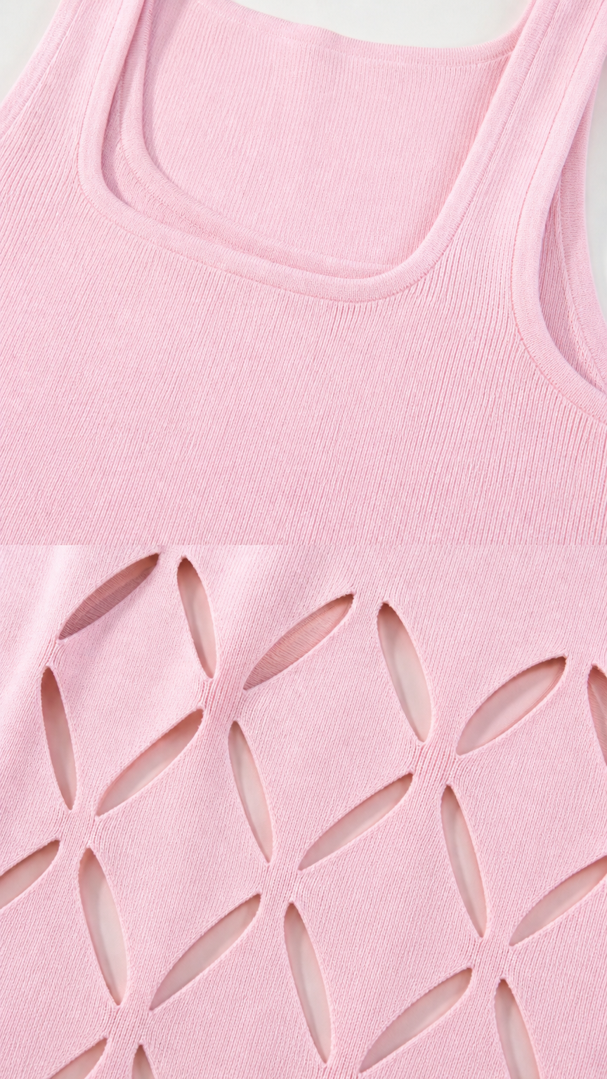 Close-up detail of square neckline and hem cutouts on pink dress