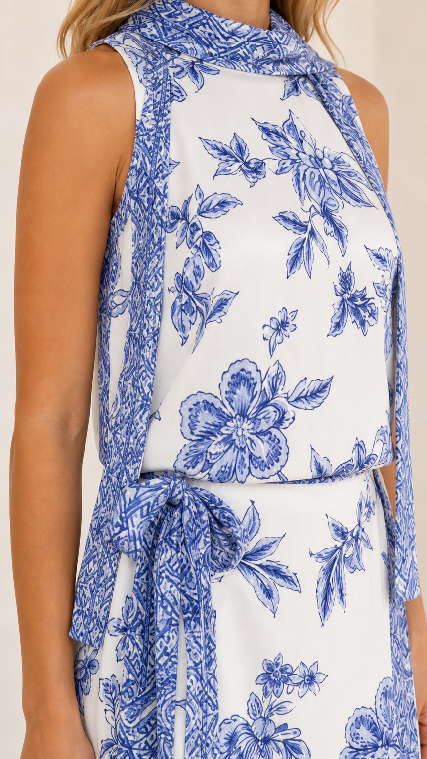 Close-up of high neckline and floral print pattern on white dress