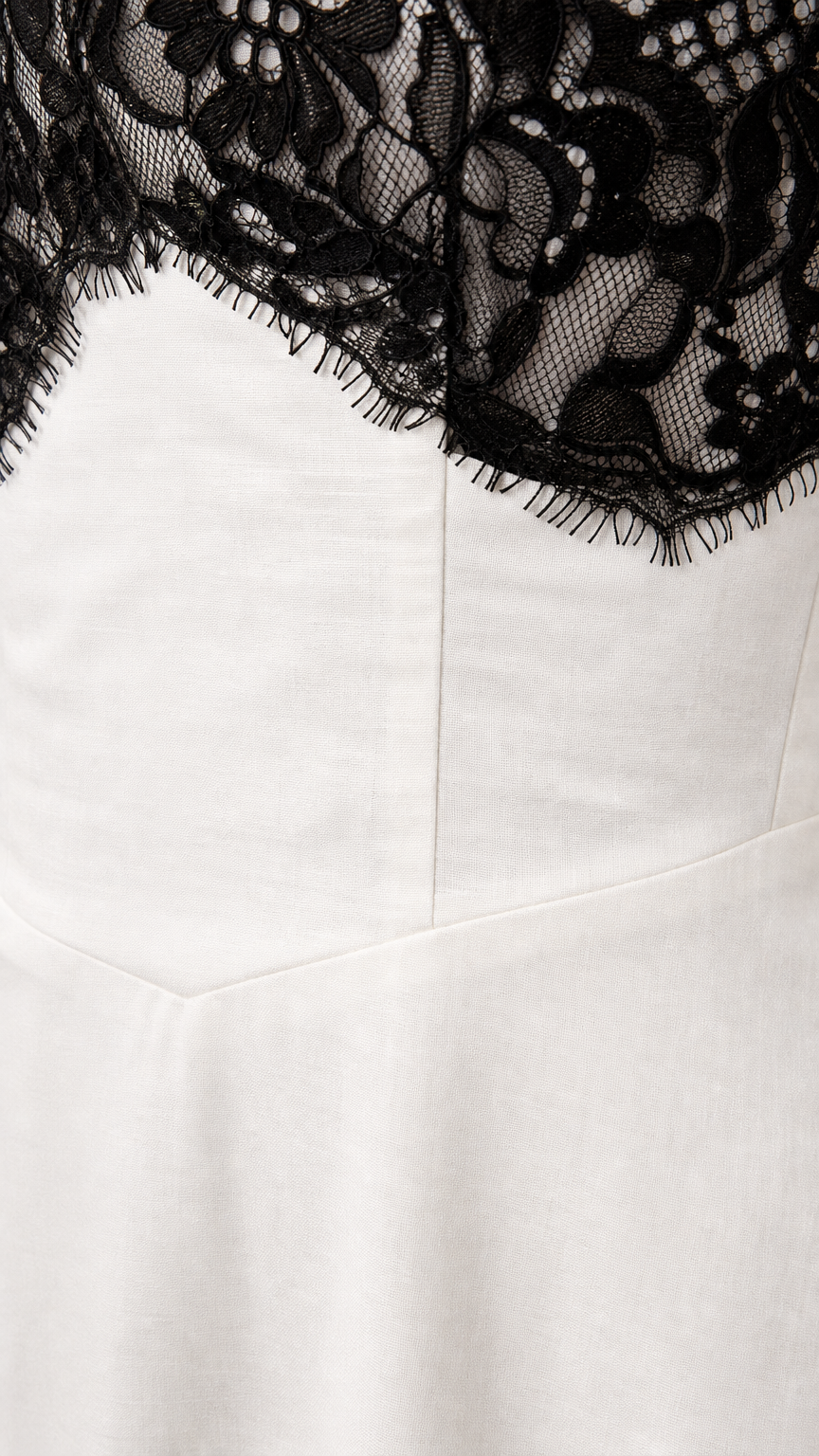 Close-up detail of intricate black eyelash lace and white fabric seamline