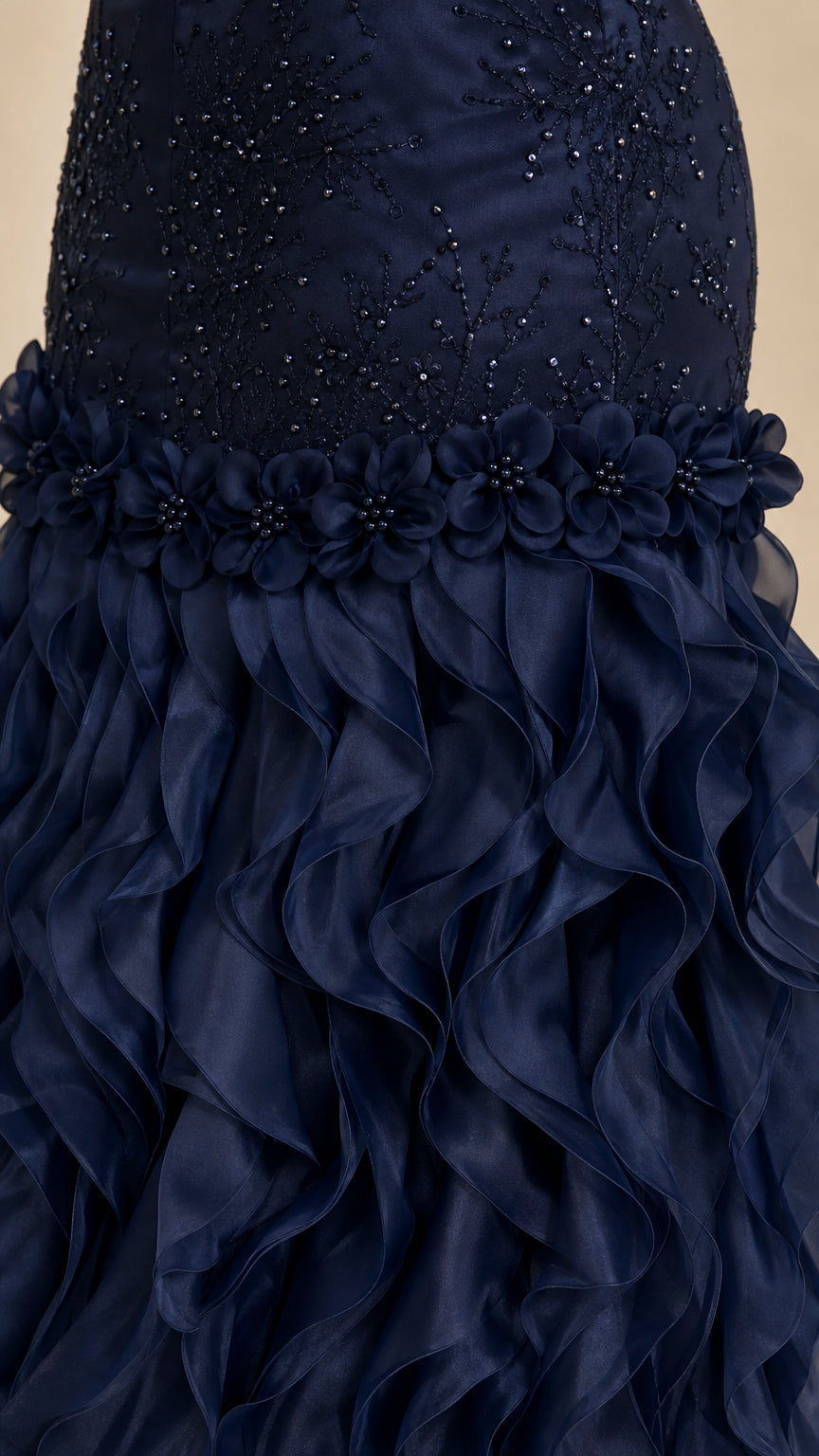 Close-up of navy blue gown beaded bodice and 3D floral waistband detail