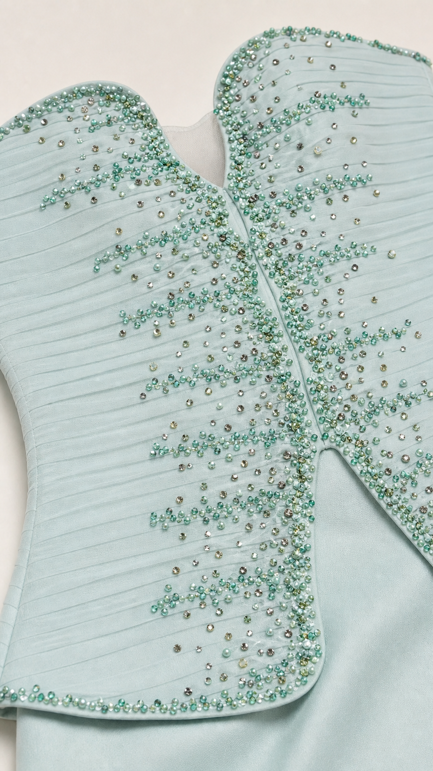 Close-up detail of Mint Green pleated bodice with intricate beadwork and sweetheart neckline