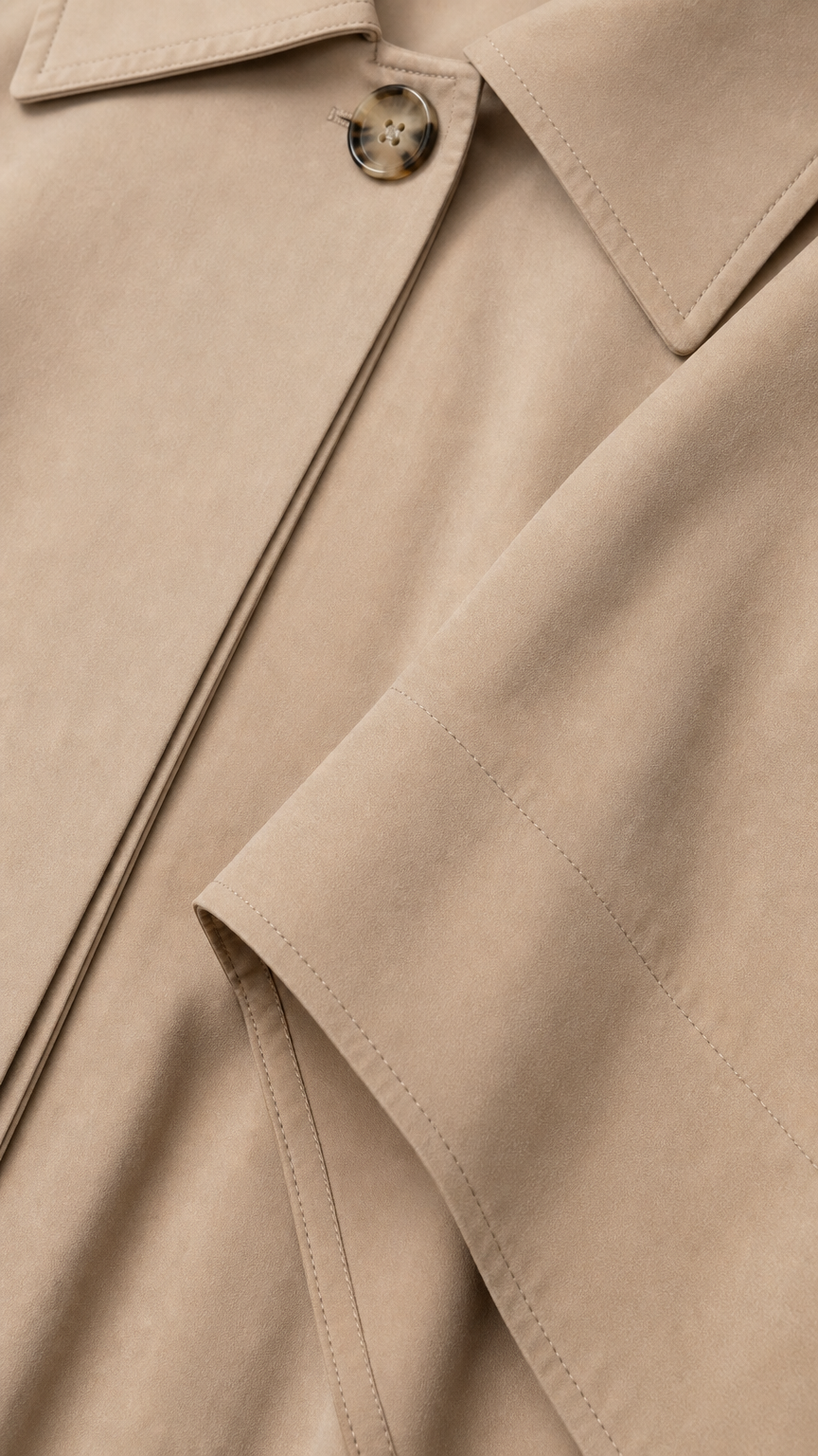 Close-up detail of beige cape collar, tortoiseshell button, and neat seam stitching