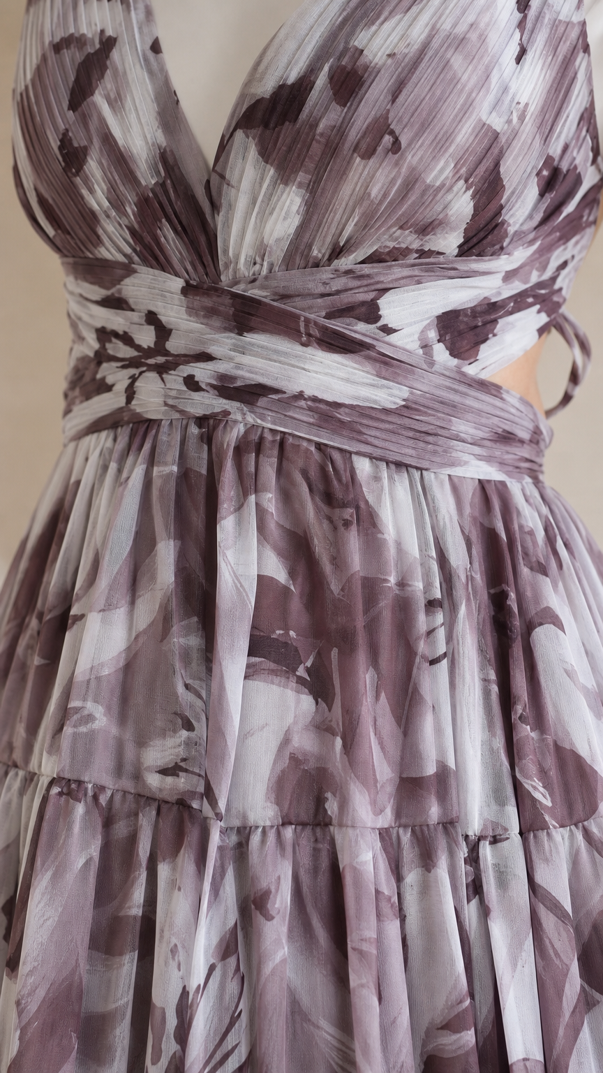 Close-up detail of pleated bodice and floral print chiffon fabric