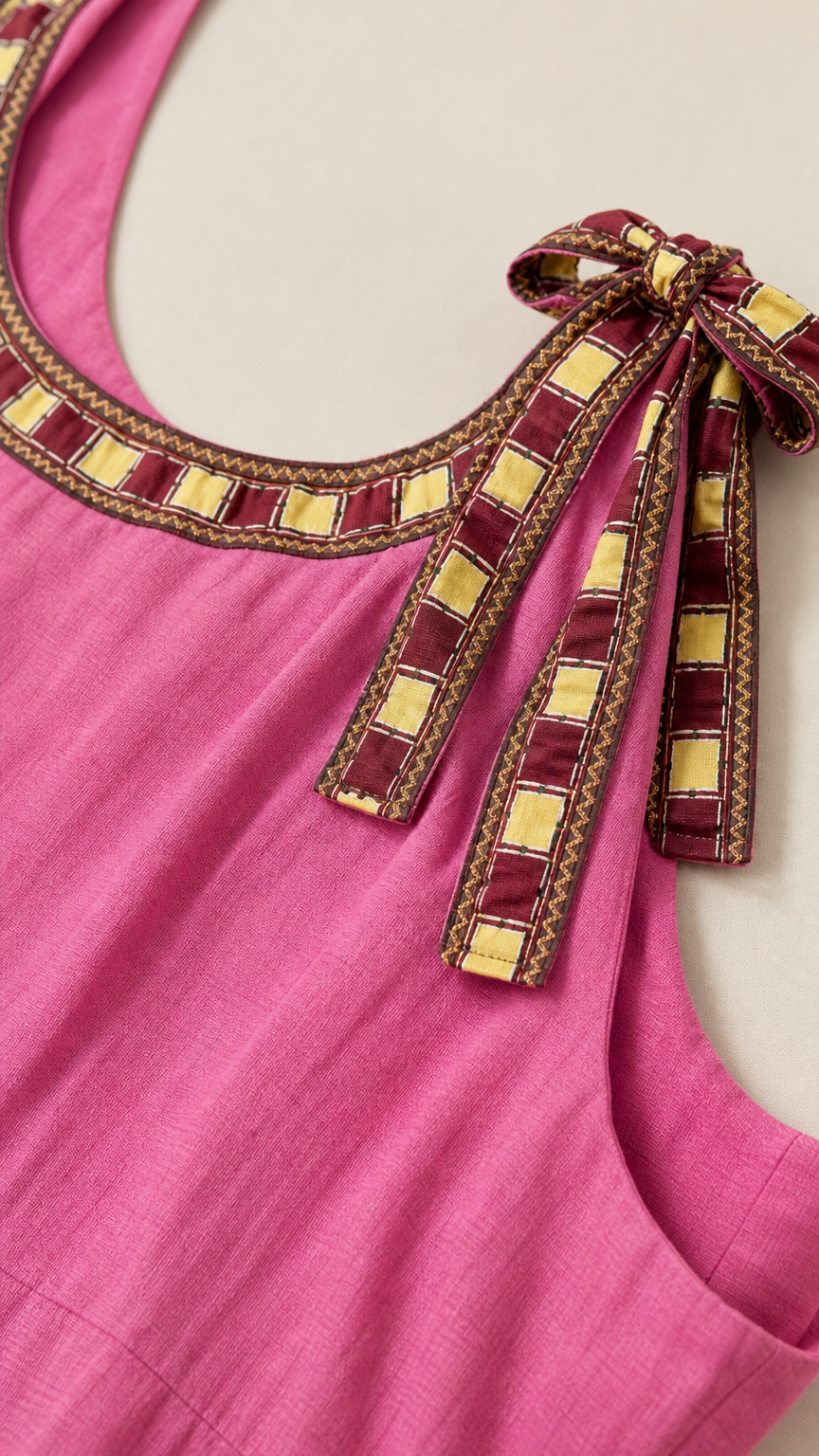 Close-up of scoop neckline with geometric trim and bow straps