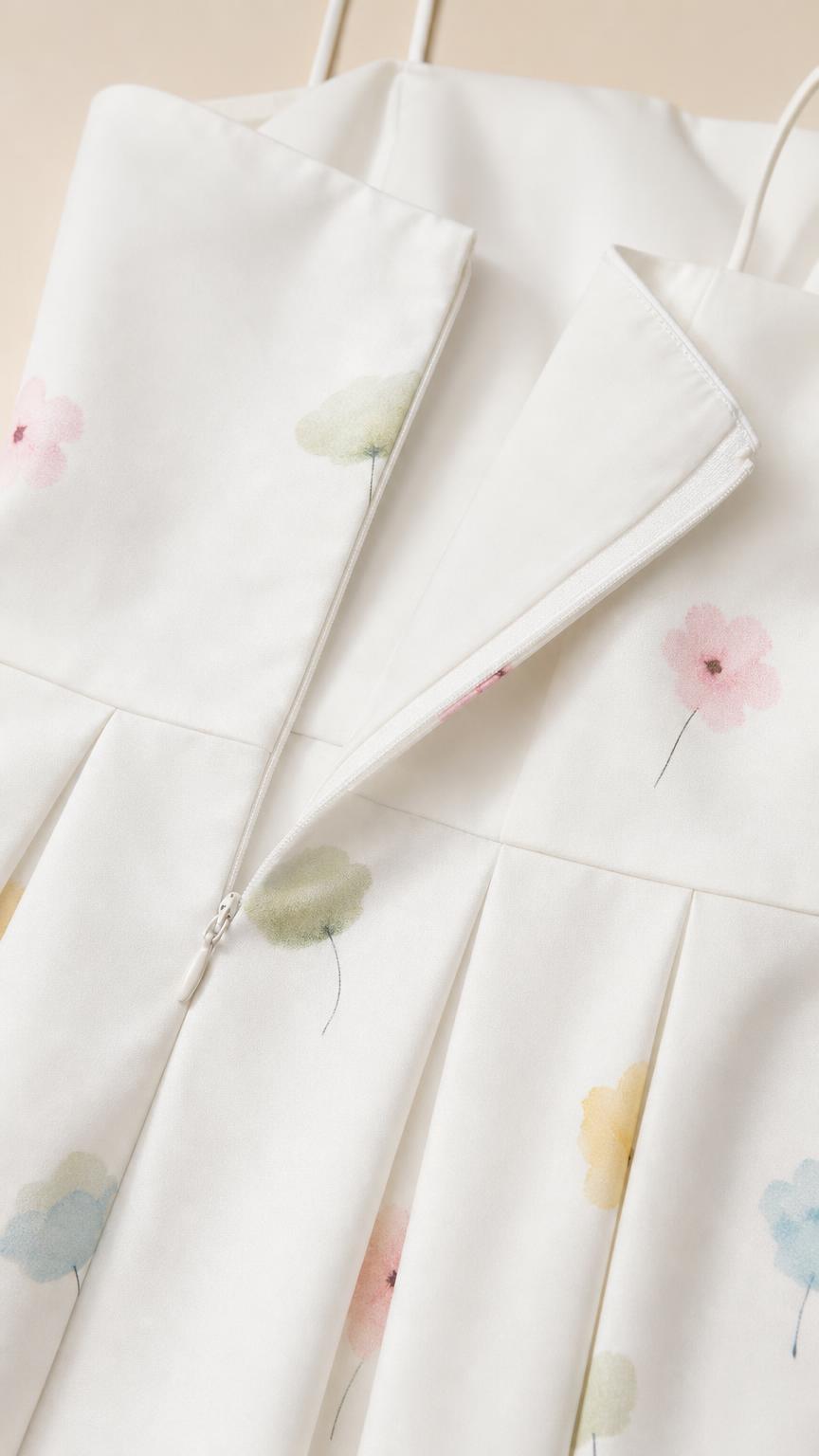 Close-up of zipper and pleated detail on white dress