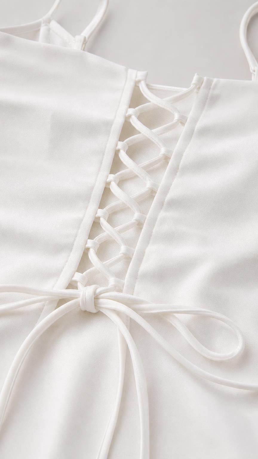 Close-up detail of lace-up back tie on the white cami top