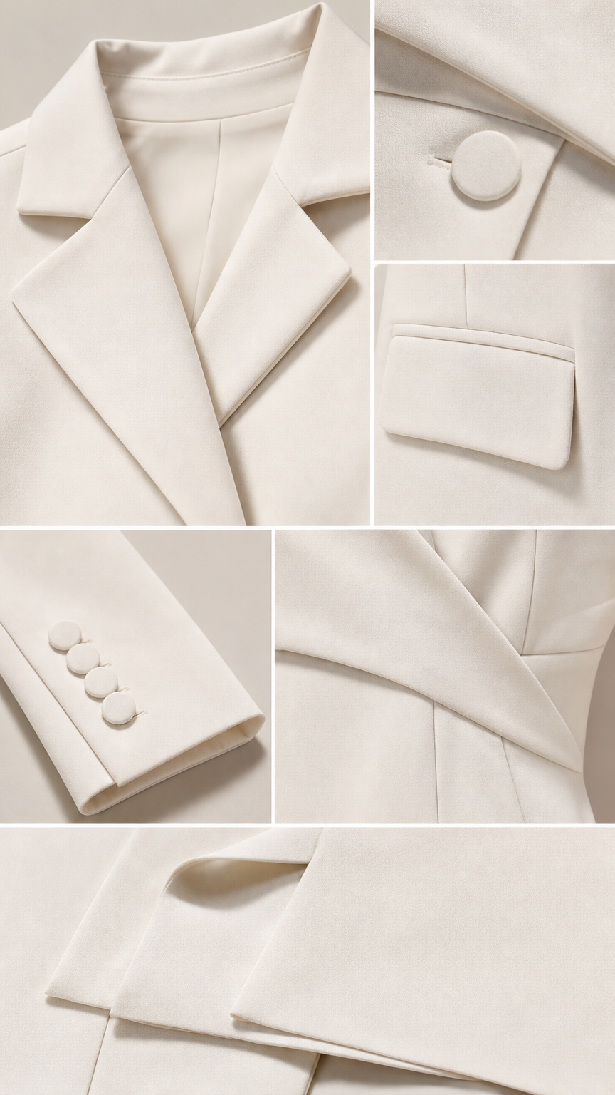 Close-up details of white blazer notched lapel, covered button, and flap pocket